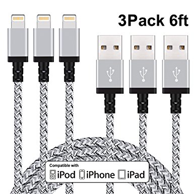 Sundix 3Pack 6ft Nylon Braided Lightning to USB Syncing and Charging Cable Cord Fully Compatible with iPhone 7/7 Plus/ 6/ 6 Plus/ 6s/ 6s Plus /5/5s/SE iPad/iPod/Beats Pill  and More