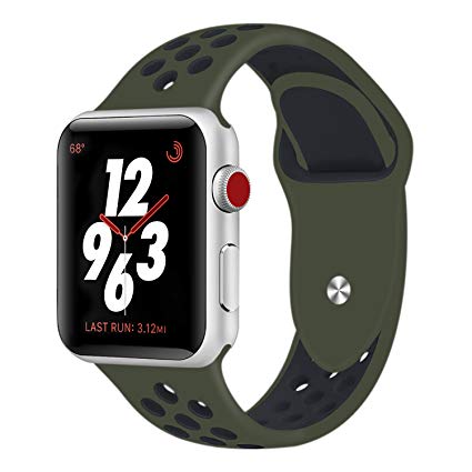 Sport Band For Apple Watch,Soft Silicone Strap Replacement Wristbands For Apple Watch Sport Series 3 Series 2 Series 1(Cargo Khaki/Black 42mm M/L)