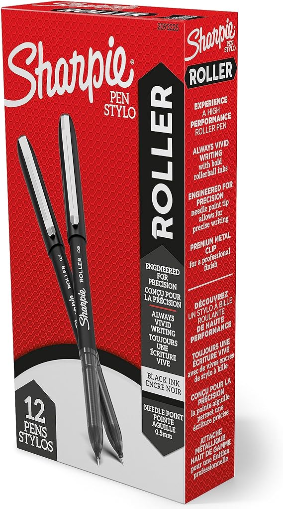 Sharpie Rollerball Pens, Needle Point (0.5mm) Precision Pen, Black Ink, 12 Count