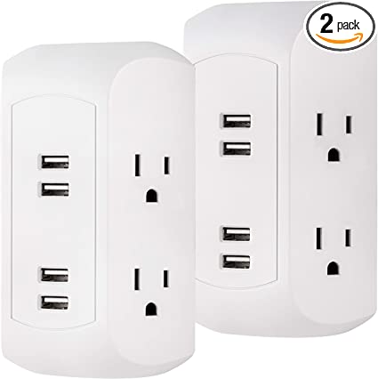 GE 4 Outlet, 4 USB Surge Protector Wall Outlet Power Adapter, 2 Pack, for iPhone 11/Pro/Max/XS/XR/X/8, iPad Pro/Air/Mini, Samsung Galaxy, Google Pixel, White, 50036