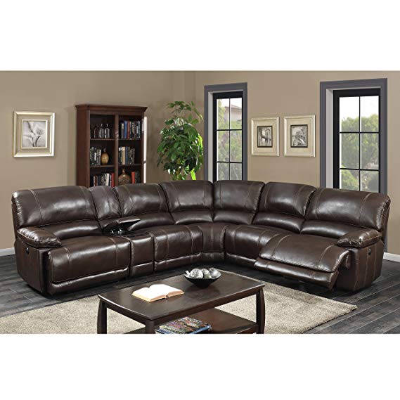 AC Pacific Olivia Transitional 6-Piece Sectional with 2 Power 1 Armless Recliner and Charging Storage Console Table, Holder, Dark Brown