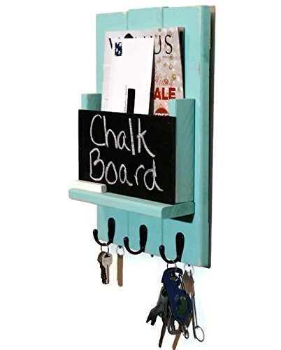 Renewed Décor Sydney Mail Organizer with Chalkboard featuring 3 key hooks, single mail slot with a rustic design available in 19 colors