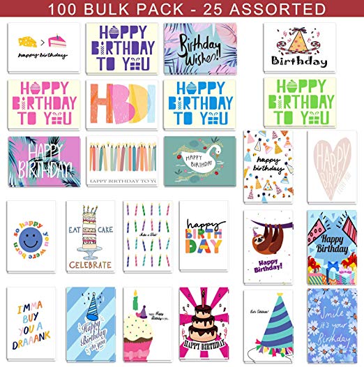 100 Birthday Cards Bulk 25 Assorted Happy Birthday Cards, Birthday Greeting Cards Box Set with Envelopes and Seals, 4 x 6 inches Blank on the Inside