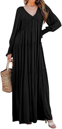 R.Vivimos Maxi Dress for Women Long Sleeve V Neck Empire Waist Layered Ruffle Boho Casual Flowy Long Dresses