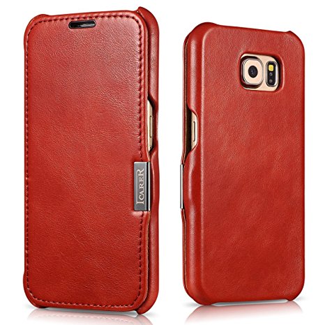 Galaxy S6 Case, Tomplus [Vintage Classic Series] [Genuine Leather] Folio Flip Corrected Grain Leather Case [1 Card Slot] with Magnetic Closure for Samsung galaxy s6 (Retro red)