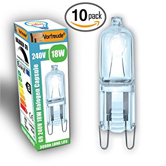 █ Vorfreude® ► 10x 18W G9 Halogen Bulbs 240v ► Pack of 10 ► 3000 Hour, 50% longer life, Warm White Dimmable Capsules Energy Saving same as 28W Eco Watts
