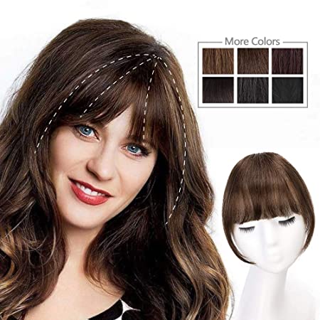 HMD Clip in Bangs 100% Human Hair Bangs Extensions for Women Medium Brown Clip on Fringe Bangs Real Hair Nice Natural Flat Neat Bangs with Gradual Temples One Piece Hairpiece for Party and Daily Wear