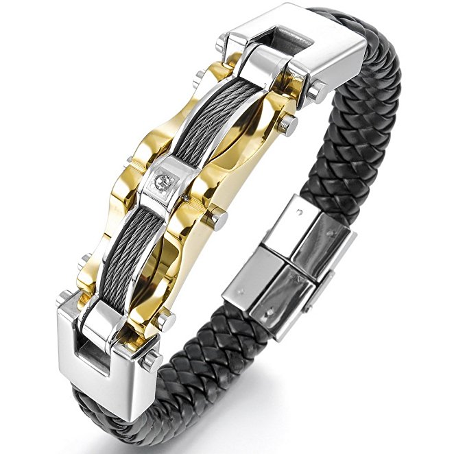 INBLUE Men's Stainless Steel Genuine Leather Bracelet Bangle Cuff Cable CZ Gold Silver Two Tone Black