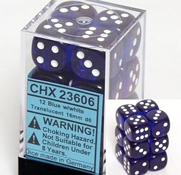 Chessex Dice d6 Sets: Blue with White Translucent - 16mm Six Sided Die (12) Block of Dice
