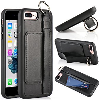 iPhone 7 Plus Wallet Case, LAMEEKU iPhone 7 Plus Genuine Leather Case with Hand Strap Holder KickStand and Card Holder & Credit Card & ID Card Slot, Shockproof Cover for Apple iPhone 7 Plus 5.5" Black