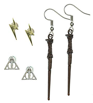 Harry Potter Earrings For Women 3 Pack Deathly Hallows, Lightning Scar, Harry Potter Wand