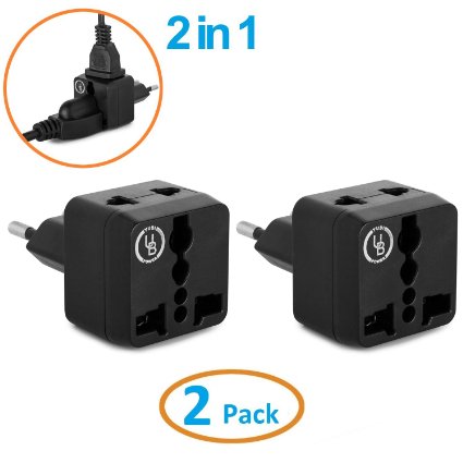 Yubi Power 2 in 1 Universal Travel Adapter with 2 Universal Outlets - Built in Surge Protector - Black 2 Pack - Type C for France, Germany, Hungary, Portugal, Russia, Spain, Sweden, Egypt, Turkey,more