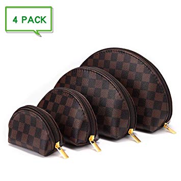 Luxury Checkered Make Up Bag Shell Shape Cosmetic Toiletry Travel Bags including 4 Size Bag (Brown)
