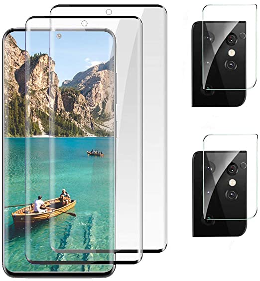 [2 2 Pack] Galaxy S21 Ultra Screen Protector, with Camera Lens Protector,9H Hardness,Fingerprint Unlock, Easy to Install,Anti-Scratch, for Samsung S21 Ultra (6.8") 3D Curved High-Definition Glass