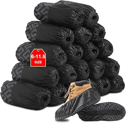 Disposable Black Shoe Covers 200 Pack (100 Pairs) Fit Shoe Sizes to Men's 11.5 Non-Slip, Durable, Indoor Protect Your Home, Floors and Shoes（Black）
