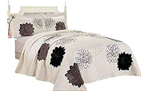 FineHome 3pcs Fully Quilted Embroidery Quilts Bedspread Bed Coverlets Cover Set, Queen King 102x94 (13028-white/black)