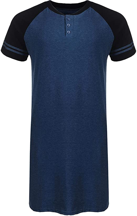 Skylin Cotton Sleep Shirt Men V-Neck Nightshirts Short Sleeve Henley Shirt Lounge Sleepwear M-XXXL