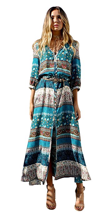 R.Vivimos Women Summer Print V Neck Maxi Dresses