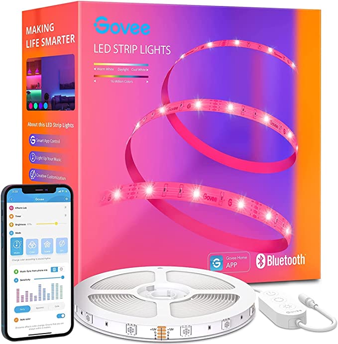 Govee LED Strip Lights 16.4ft , Bluetooth RGB LED Lights with App Control, Bright 5050 LEDs, 64 Scenes and Music Sync LED Lights Strip for Bedroom, Living Room, Kitchen, Party, ETL Listed Adapter