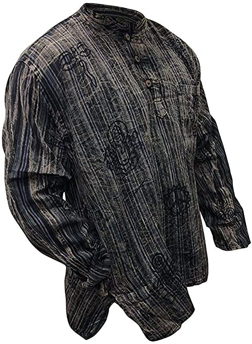 SHOPOHOLIC FASHION Mens Stonewashed Striped Grandad Shirt