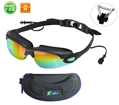 Anti Fog Swimming Goggles with Connected Ear Plug Mirrored Glass Material Bundle With A Bonus Gift Nose Clip and Protector Case