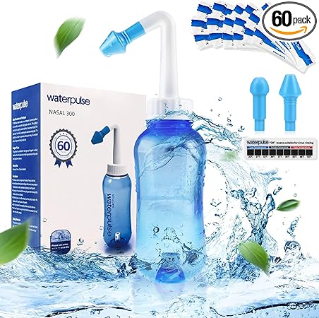 WATERPULSE Neti Pot Sinus Rinse,300ML Nasal Irrigation with 60 Nasal Wash Salt Packets and Sticker Thermometer，Nose Washing Cleaner Bottle Cleaner Pressure for Adult & Kid BPA Free