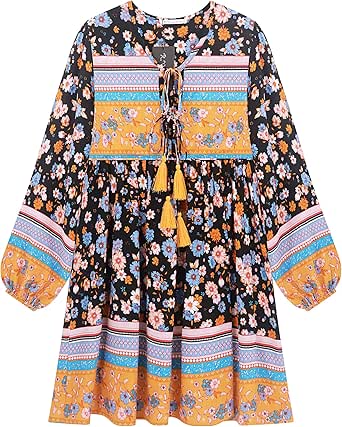 R.Vivimos Womens Long Sleeve Floral Casual Print Cotton Mini Tunic Dress