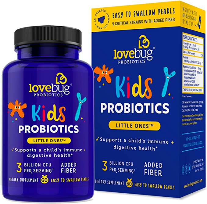 LoveBug Probiotics Little Ones Kids Probiotics, 60 Pearls 3 Billion CFU w/Added prebiotic Fiber Allergen-Free, Non-GMO