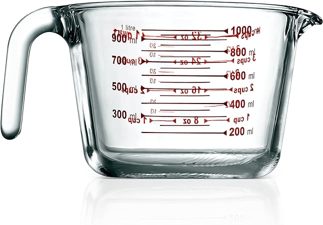 Jovial High Borosilicate Glass Measuring Cup with Customized Decal Scale,1000 ml.,Safe to Use in Microwave and Freezer,Oven and Dishwasher Safe