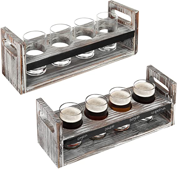 MyGift Set of 2 Torched Wood Beer Flight Serving Caddies with Chalkboard Panels & 4 Tasting Glasses