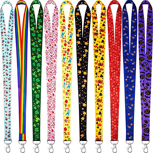 10 Pieces Seasonal Lanyard Keychain Holiday Neck Lanyard Neck Office Lanyard with Stainless Swivel Hook, 10 Styles, Multipurpose, for New Year Christmas