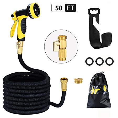 HmiL-U Garden Hose 50ft 15m Strongest Double Latex Inner Tube Prevent Leaking Magic Garden Hosepipe with 9 Function Spray Gun+Solid Brass Connector Fittings+Brass Valve【2 YEARS 100% Guaranteed】(50ft)