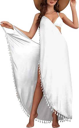 Milumia Women's Tassel Trim Wrap Beach Cover Up Long Dress Sleeveless Bikini Coverups Kmono