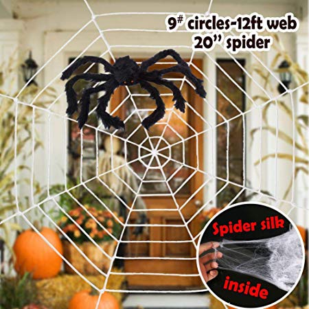 ESSENSON Halloween Decorations - 12 FT Giant Round Spider Web and Fake Large Hairy Spider Props Scary Halloween Yard Door & Outdoor Decor with Super Stretch Cobweb Halloween Decorations Party Favors