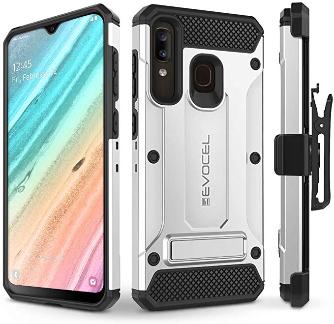 Evocel Galaxy A20 Case Explorer Series Pro with Glass Screen Protector and Belt Clip Holster for The Samsung Galaxy A20, Silver