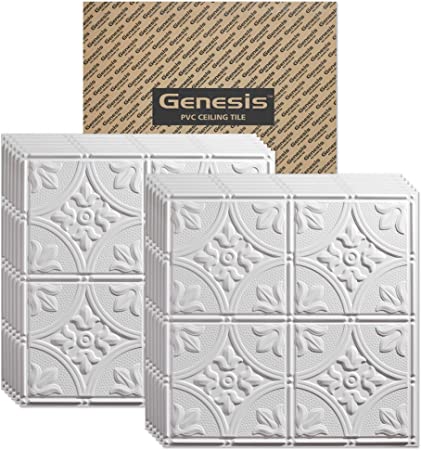 Genesis 2ft x 2ft White Antique Ceiling Tiles - Easy Drop-in Installation – Waterproof, Washable and Fire-Rated - High-Grade PVC to Prevent Breakage - Package of 12 Tiles