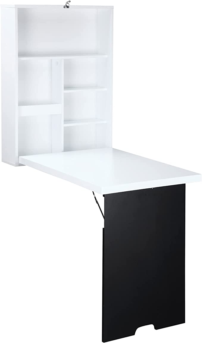 HOMCOM Bureau Mural Pliable Table Murale Rabattable Suspendue sur Pied étagère   Tableau à Craie intégré MDF Blanc