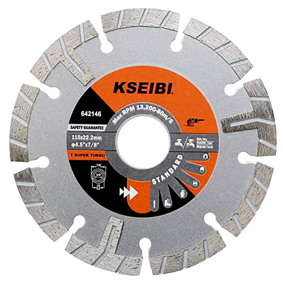 Kseibi 642146 Premium Wet Diamond Saw Blade 4 1/2 Inch Turbo Rim T Type Tile Cutting Tools For Concrete Masonry Granite Porcelain Stone Ceramic Brick Cutting Wheels For Angle Grinder Tool