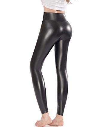 Ginasy Black Faux Leather Leggings Pants, Stretchy High Waisted Tights for Women