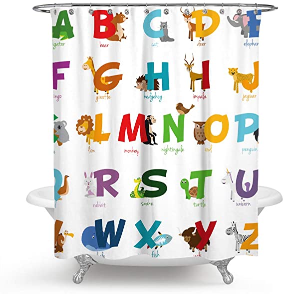 QCWN ABC Alphabet Educational Shower Curtain for Kids ABC Educational Learning Tool Shower Curtain for Bathroom Décor.Multi 59x70Inc