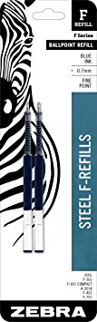 Zebra F-Series Ballpoint Stainless Steel Pen Refill, Fine Point, 0.7mm, Blue Ink, 2-Count