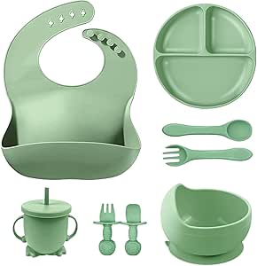 Silicone Baby Feeding Set,8 Piece Food Grade BPA Free Essentials for Toddler Kids Includes Divided Suction Plate, Suction Bowl, Adjustable Bib, Toddlers Spoon and Fork, Cup with Straw (Green)