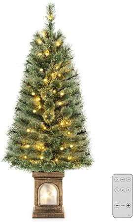 Goplus 4ft Pre-Lit Christmas Tree for Entrances, Artificial Potted Xmas Tree with 100 LED Lights, Timer, 3 Lighting Modes, 116 Branch Tips, Pine Needles, Antique Urn Base, Porch Indoor Holiday Decor