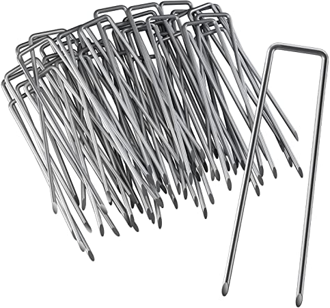 Ohuhu 100 Pack 6 Inch Steel Garden Stakes Landscape Staples, Thicken 11-Gauge Anti-Rust Heavy Duty Garden Staples, Sod Fence Pins for Landscaping, Ground Cover, Weed Barrier Fabric, Irrigation Tubing