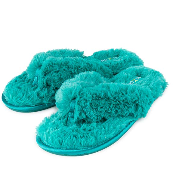 Roxoni Fuzzy House Slippers for Women – Comfortable Furry Spa Thongs – Cozy Slip On Flip Flops - Soft Insole & Rubber Outsole