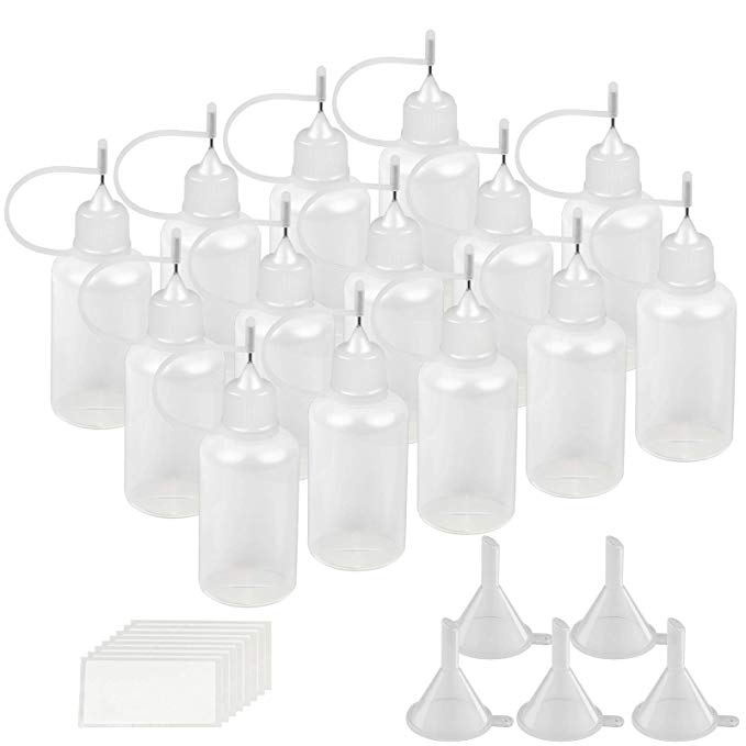Precision Tip Applicator Bottle KAKOO 14 Pack 30ml / 1 Ounce Quilling Tool Glue Plastic Liquid Dropper Bottles for DIY Craft Painting With 5 Pcs Mini Plastic Funnel and Address Labels (white)