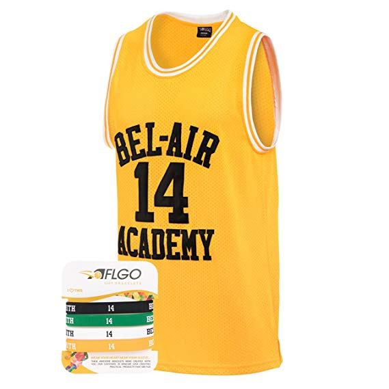 AFLGO Fresh Prince of Bel Air #14 Basketball Jersey S-XXXL Yellow – 90's Clothing Throwback Will Smith Costume Athletic Apparel Clothing Top Bonus Combo Set with Wristbands