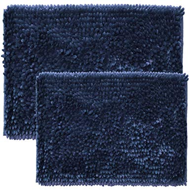 Sweet Home Collection Bath Set 2 Piece Butter Chenille Noodle Soft Luxurious Rugs Absorbent Non Slip Latex Back Microfiber Bathroom Mat, ((1) 17" x 24" & (1) 20" x 32" Navy Blue