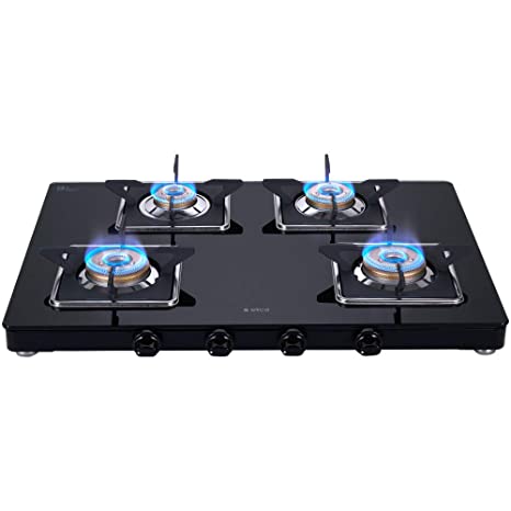 Elica Slimmest 4 Burner Gas Stove with Square Grid and Brass Burner (694 CT VETRO (SLIM LINE SPF 2J), Manual Ignition