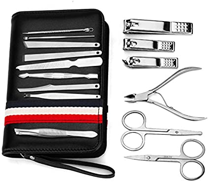Manicure Pedicure Kit Professional Stainless Steel Grooming Nail Clipper Scissors Cut Set with Portable PU Black leather travel case by JINJIAN (White)